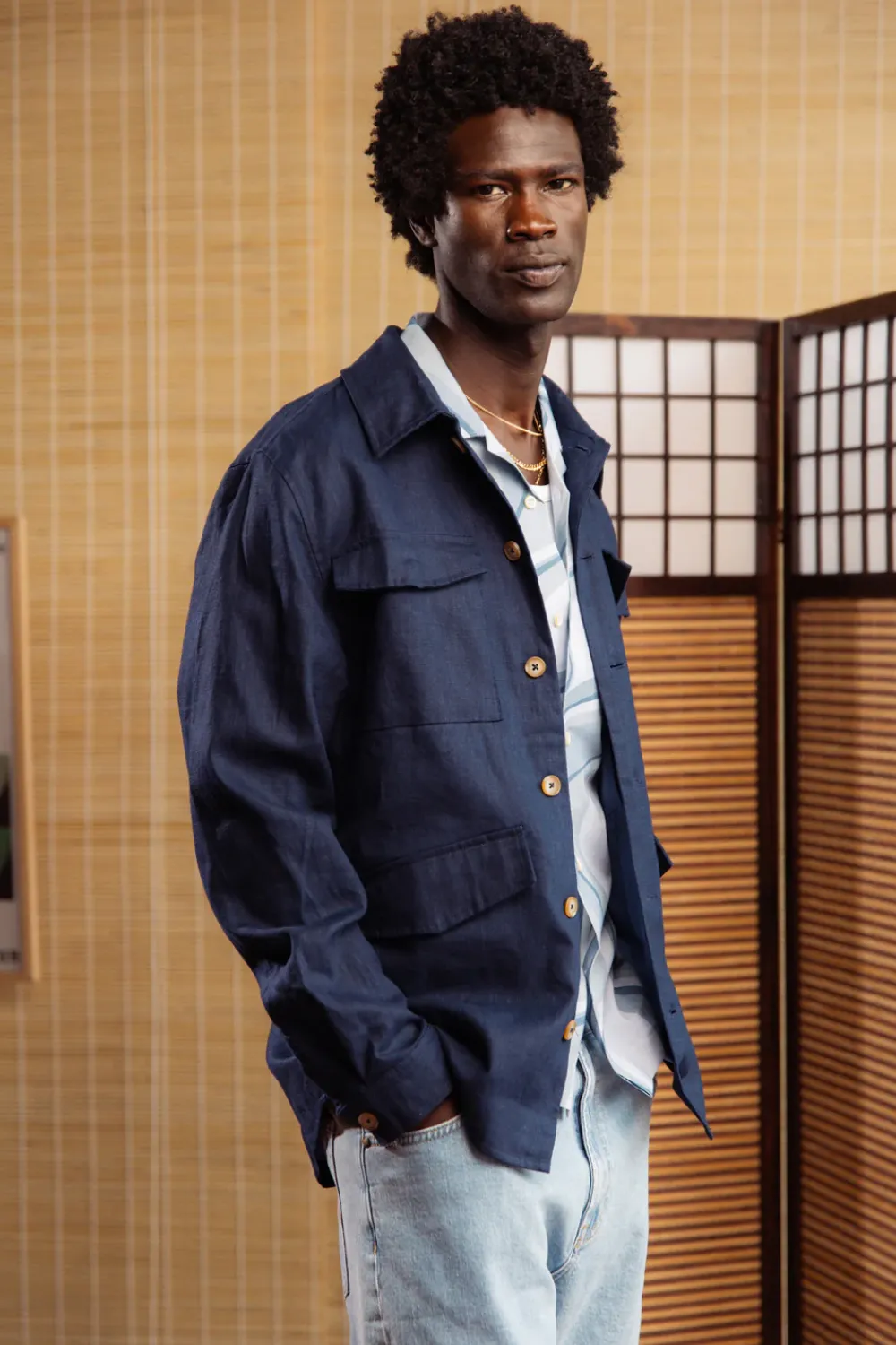 Colours & Sons Safari Shirt Linen Blend - Navy*Herren Jacken